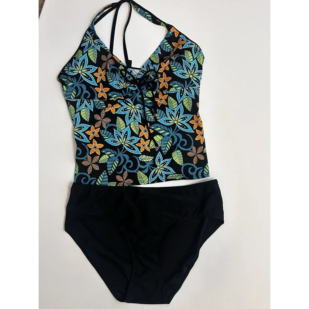 Baltex Pineapple Bay Tankini Swimsuit Size 14 Floral Black 2 Piece NWT Swim Set